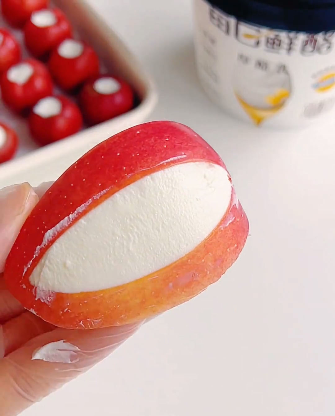 fill the hollow in each piece of fruit with a dollop of your strained, thick yogurt2