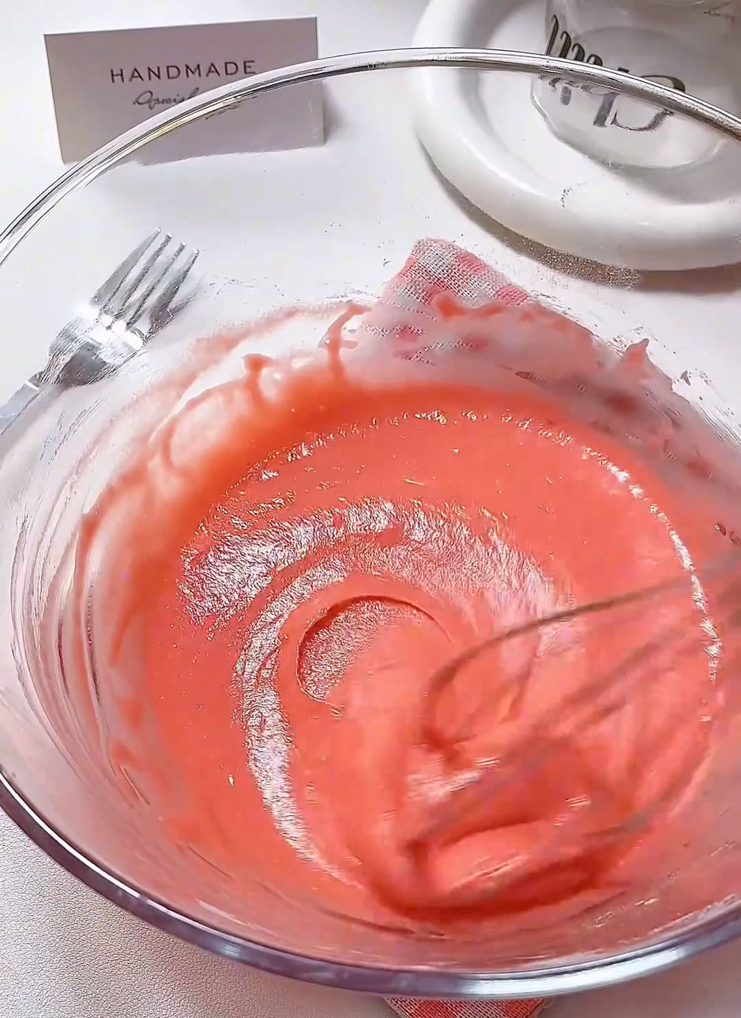 Add 2 drops of red velvet liquid (if using) and whisk