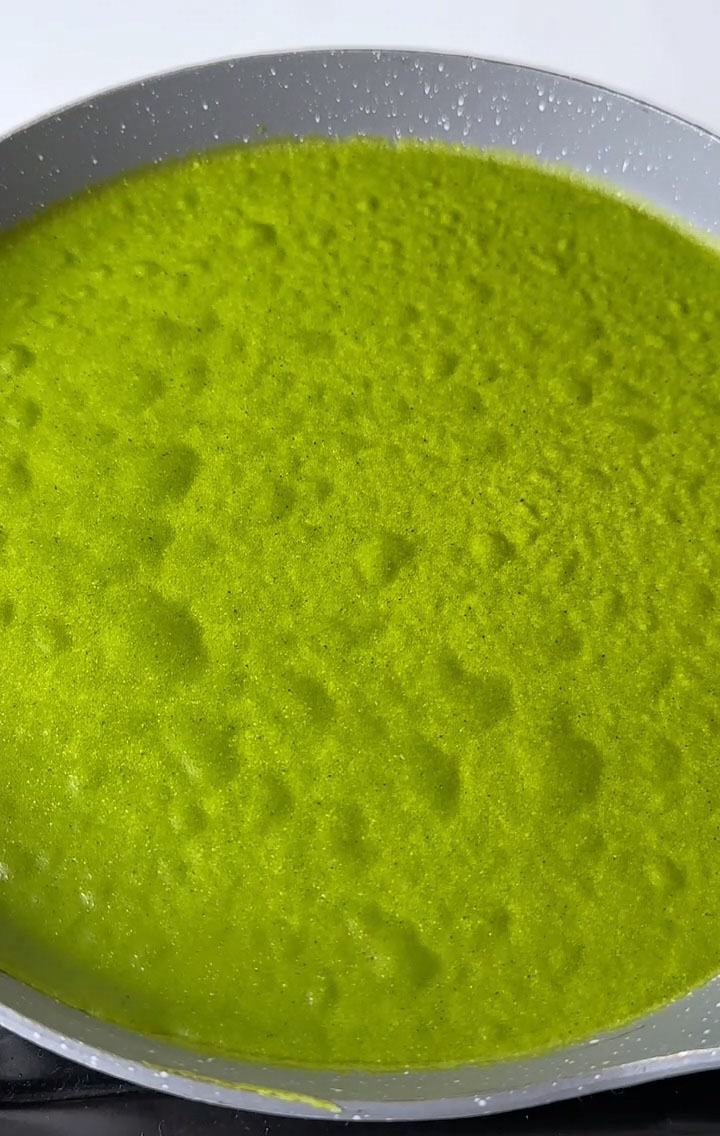 Cook over low heat until you see small bubbles appear on the surface